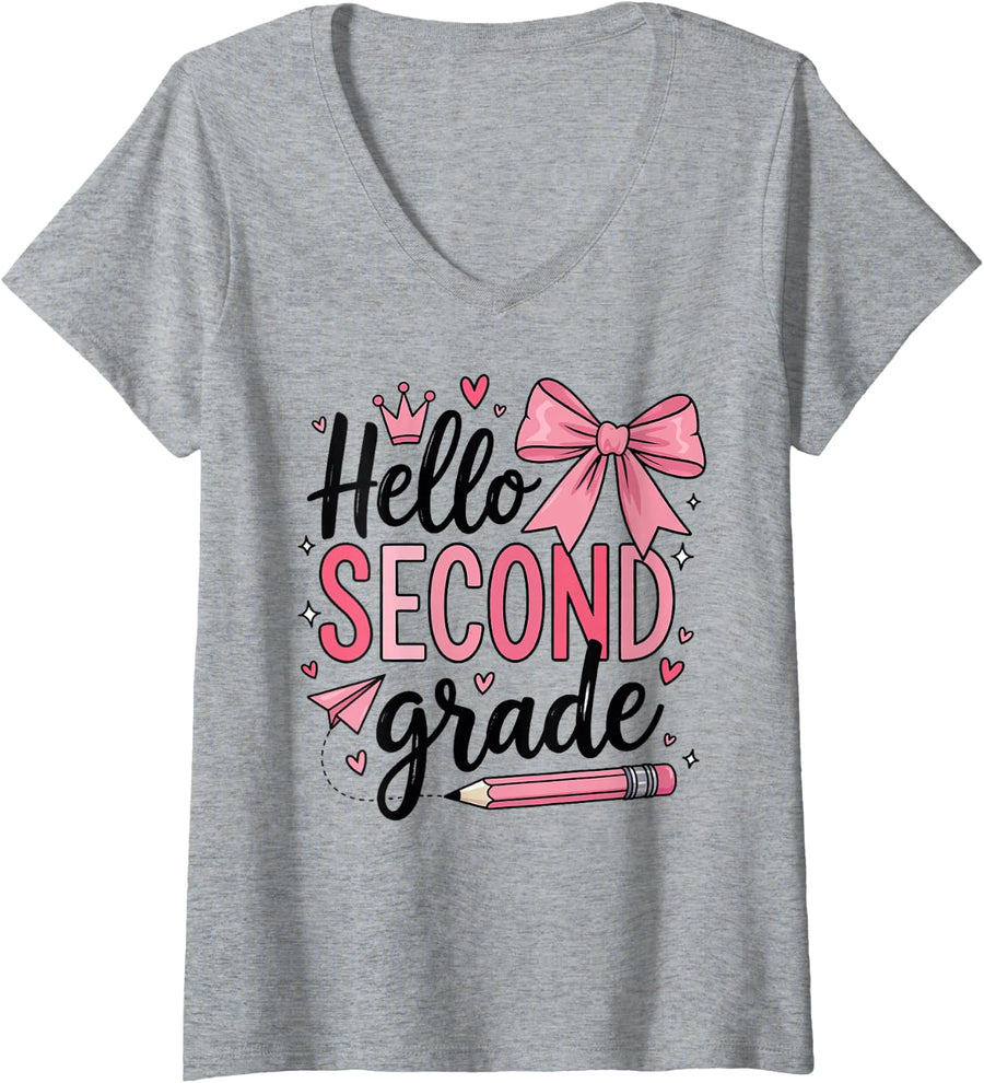 Women's Hello Second Grade First Day of School Coquette Teacher Girl V-Neck T-Shirt - Heather Grey