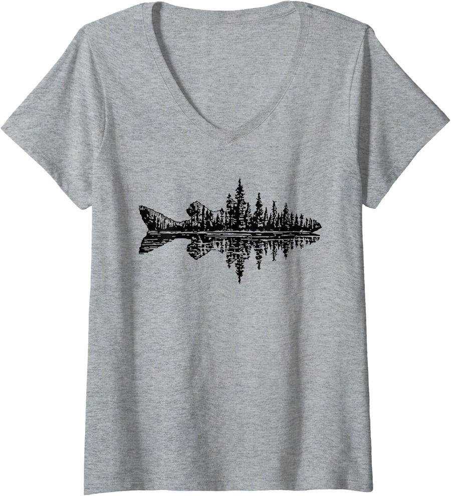 Women's Mountain Fish Forest Nature Reflect Outdoor Fishing Vintage V-Neck T-Shirt - Heather Grey