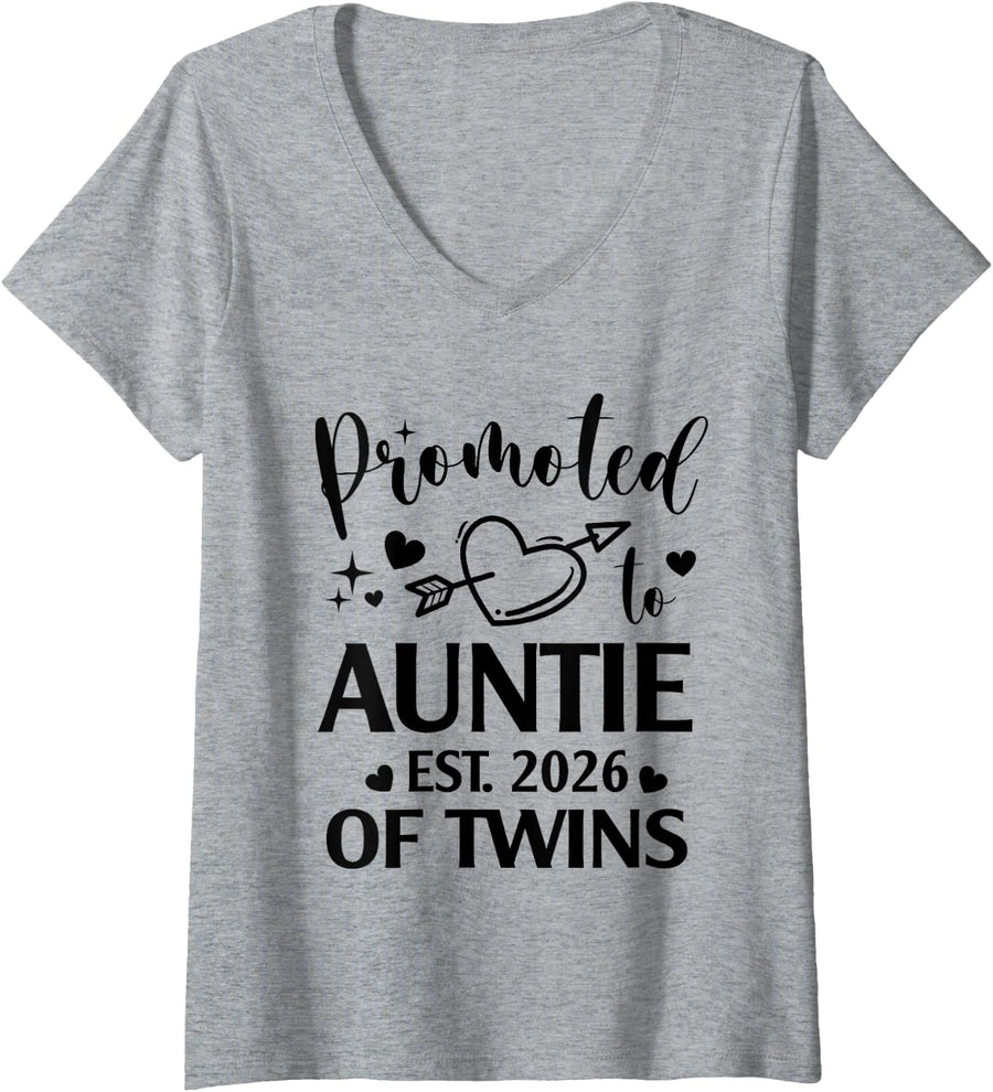 Women's Promoted to Auntie of Twins Est 2026 Gender Reveal Heart V-Neck T-Shirt - Heather Grey