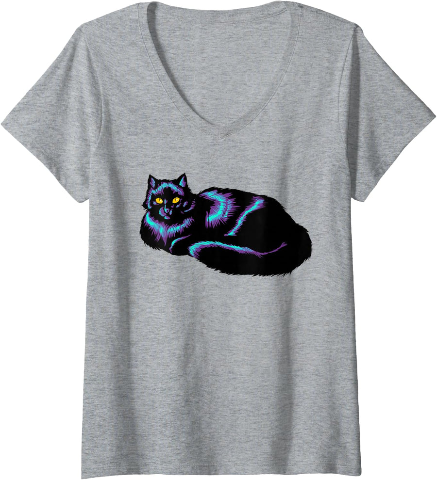 Women's Cat Space Galaxy Funny Galaxy Cat V-Neck T-Shirt - Heather Grey