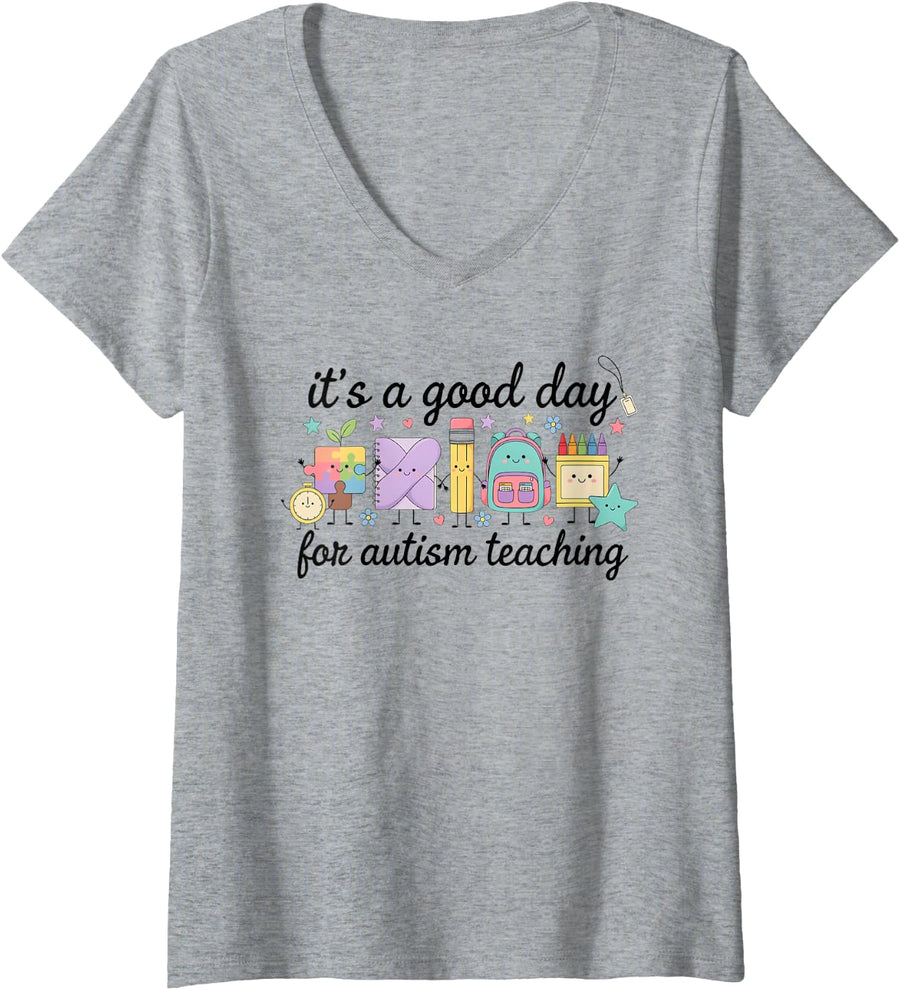 Women's Autism Teacher Sped Neurodiversity Educator Intervention V-Neck T-Shirt - Heather Grey
