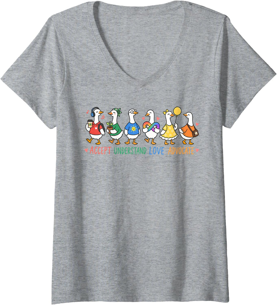Women's Neurodiversity Autism Goose Acceptance Understand Love V-Neck T-Shirt - Heather Grey