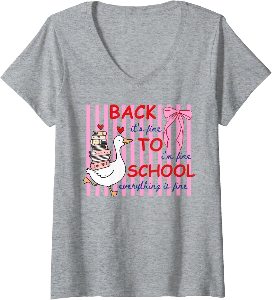 Women's Striped Back to School Goose It's Fine I'm Fine Teacher Life V-Neck T-Shirt - Heather Grey