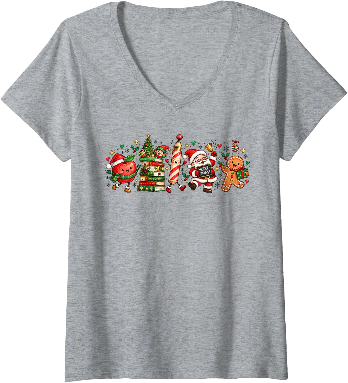 Women's Teacher Christmas Santa Gingerbread Books Cute Xmas Holiday V-Neck T-Shirt - Heather Grey