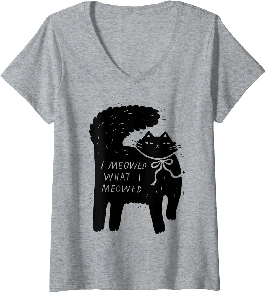 Women's I Meowed What I Meowed Cat V-Neck T-Shirt - Heather Grey