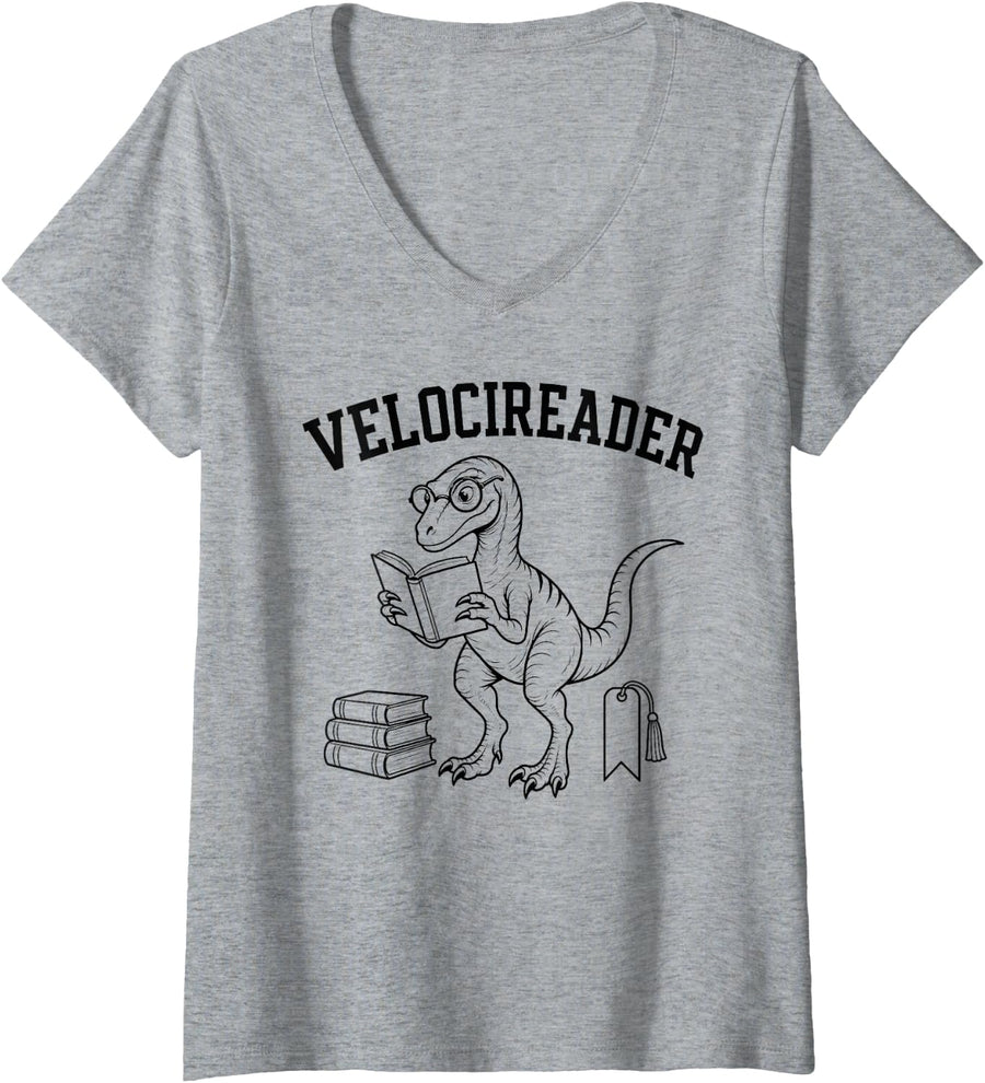 Women's Velocireader Dinosaur Reading Book Lover Teacher V-Neck T-Shirt - Heather Grey