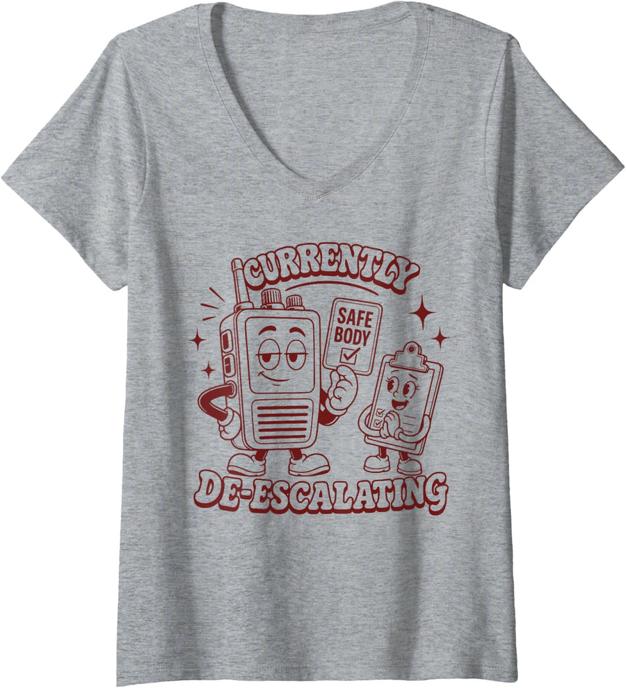 Women's Currently De-Escalating Funny Retro SPED Teacher para 70s V-Neck T-Shirt - Heather Grey