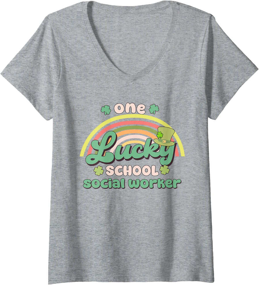 Women's One Lucky School Social Worker St Patricks Day Groovy V-Neck T-Shirt - Heather Grey