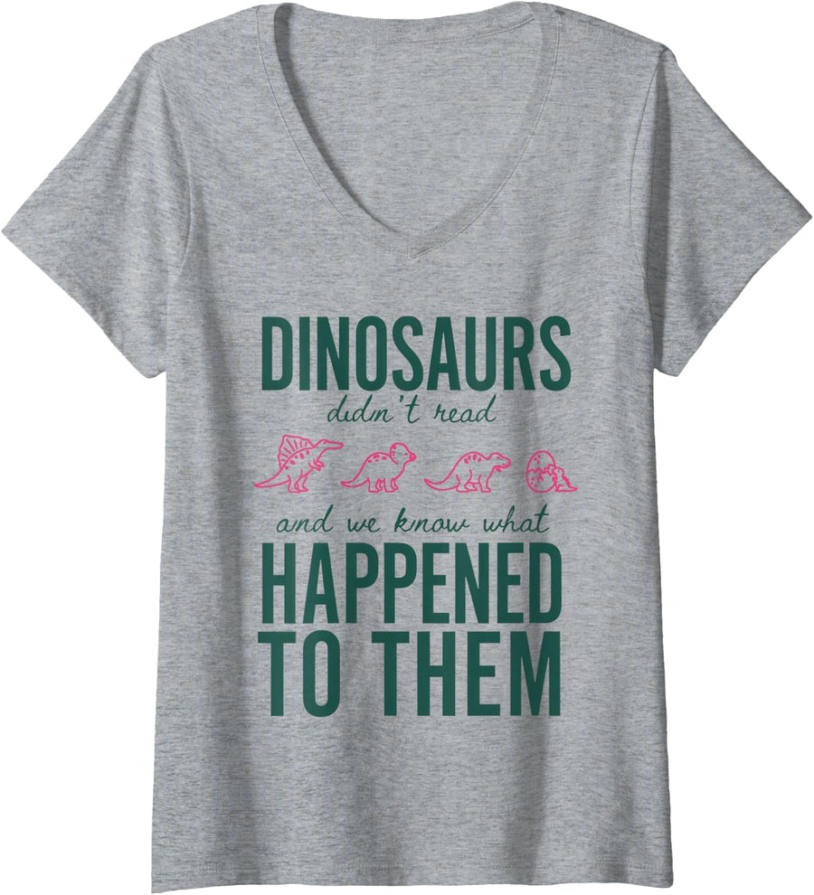 Women's Dinosaurs Didn't Read Funny Librarian Bookworm Dinosaur V-Neck T-Shirt - Heather Grey