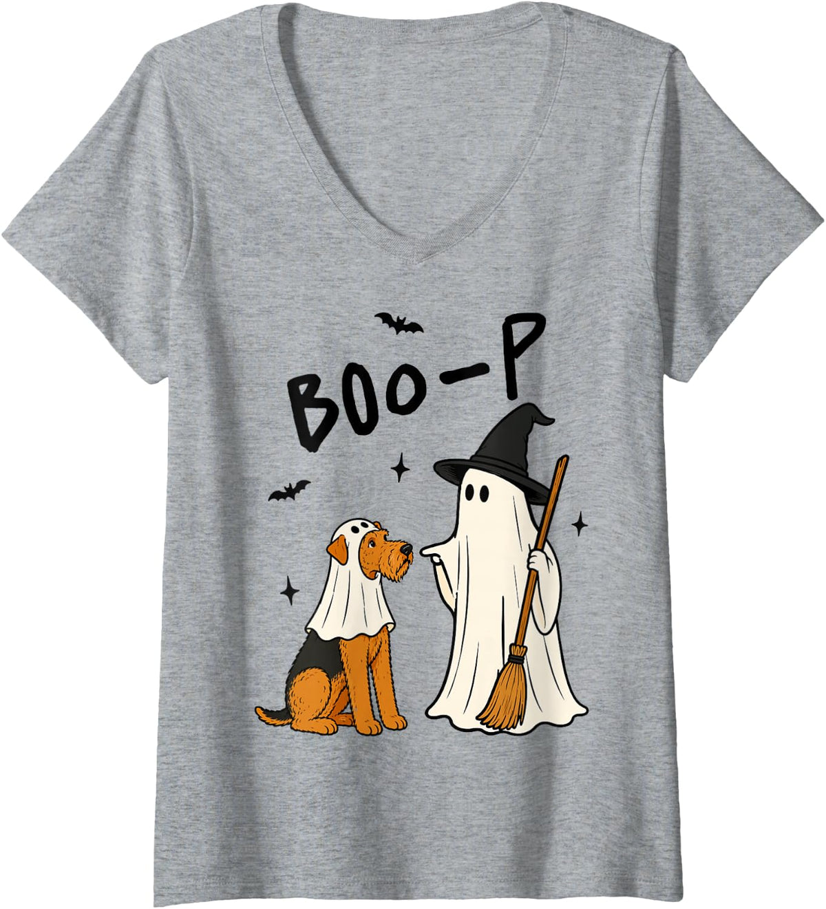 Women's Ghost Airedale Terrier Halloween Dog Costume Illustration V-Neck T-Shirt - Heather Grey