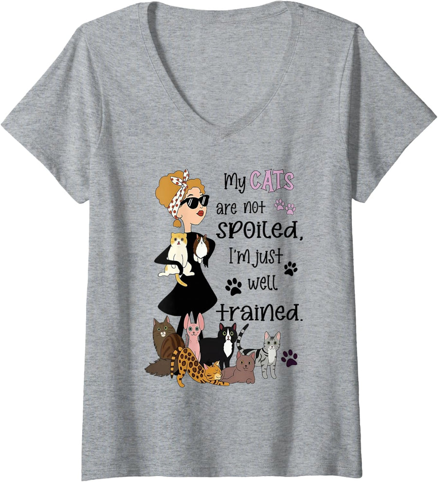 Women's My Cats are Not Spoiled Im Just Well Trained Funny Cat V-Neck T-Shirt - Heather Grey