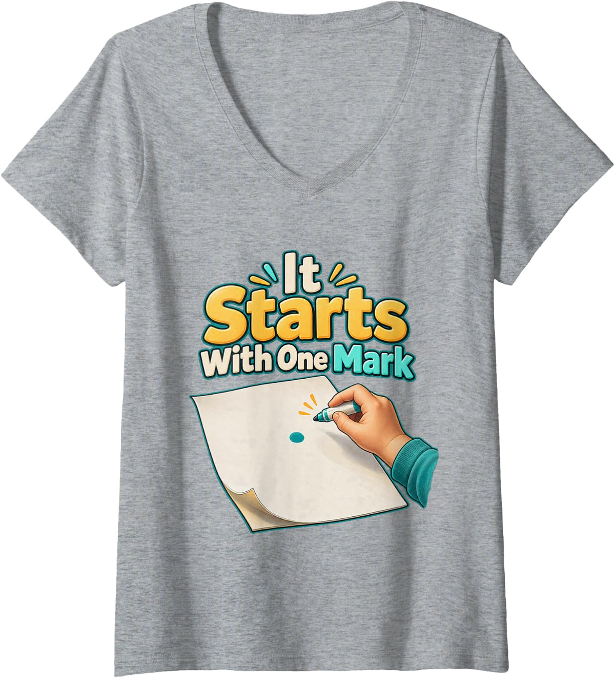 Women's It Starts with One Mark Dot Day Teacher Polka Dot Graphic V-Neck T-Shirt - Heather Grey