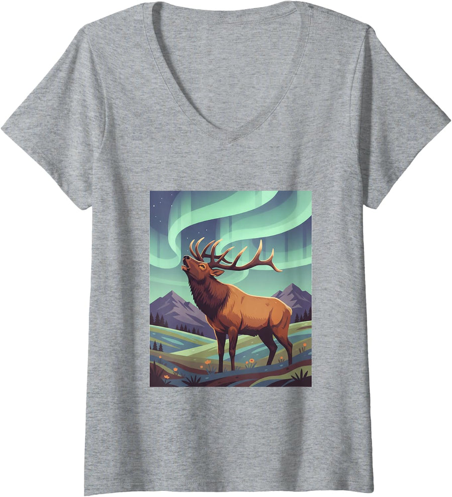 Women's Bull Elk Bugling Aurora Borealis Night Sky Art Graphic V-Neck T-Shirt - Heather Grey