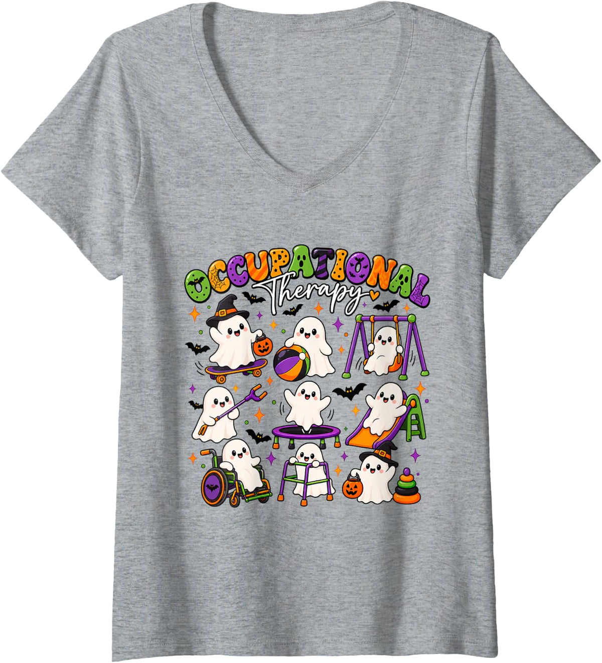 Women's OT Occupational Therapy Therapist Fall Spooky OTA Ghost V-Neck T-Shirt - Heather Grey