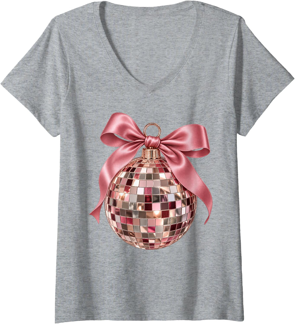 Women's Pink Disco Ball Bow Coquette Christmas New Years Eve V-Neck T-Shirt - Heather Grey