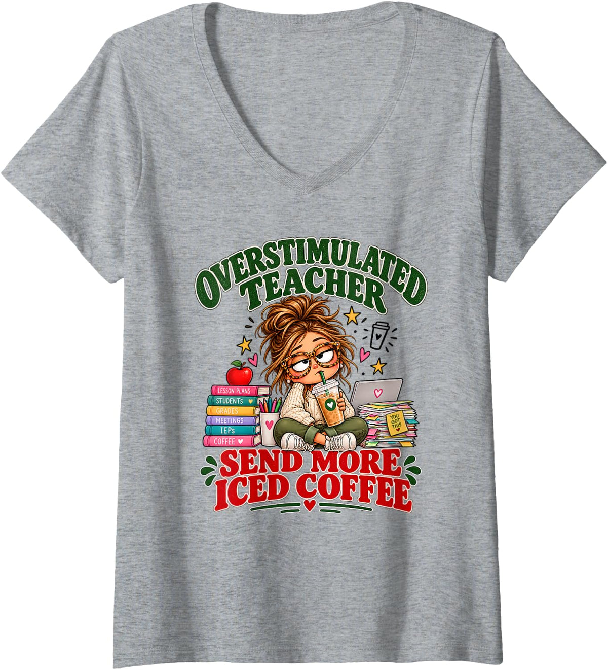 Women's Overstimulated Teacher Send More Iced Coffee Grades Lessons V-Neck T-Shirt - Heather Grey