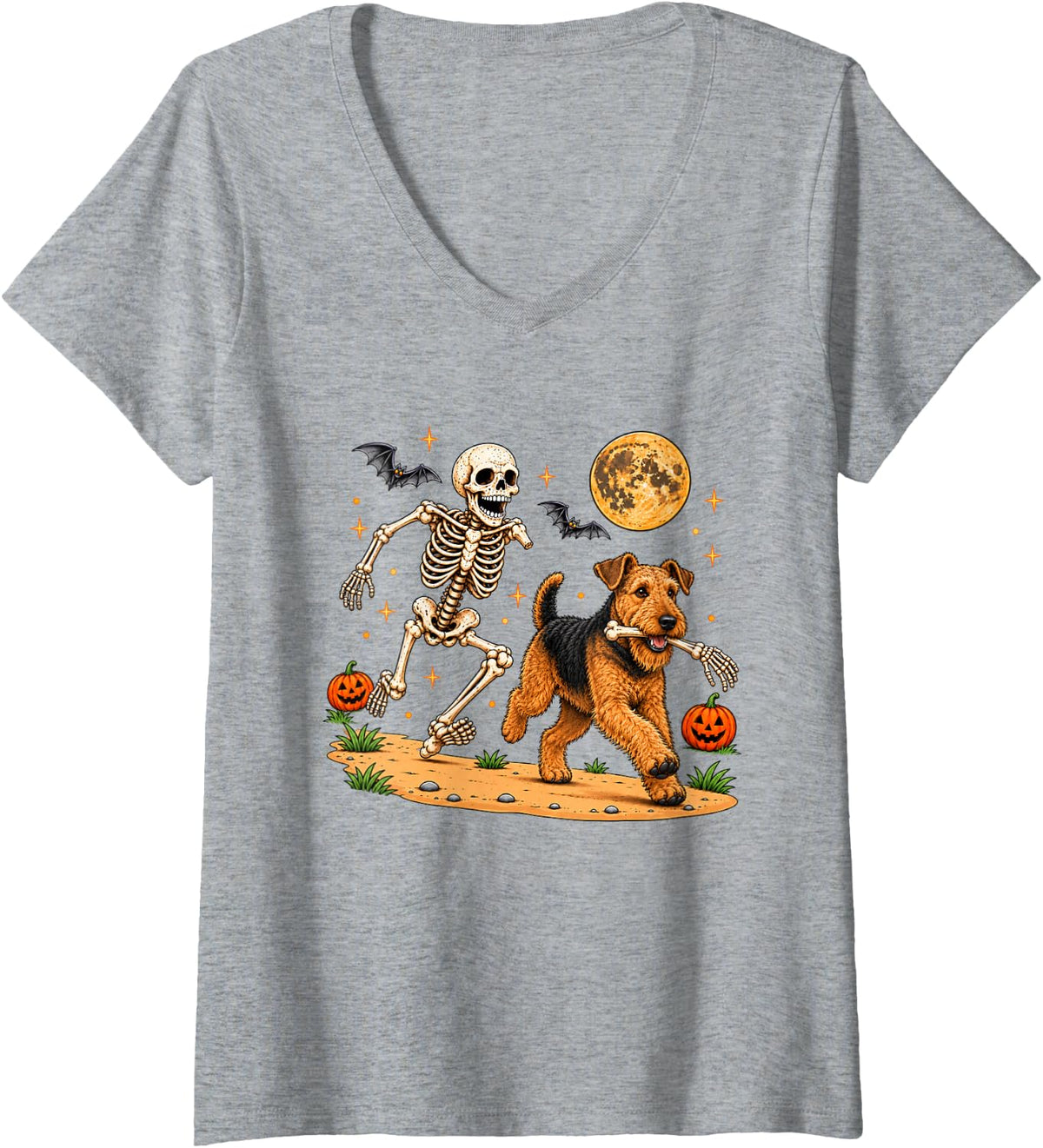 Women's Funny Skeleton Chasing Airedale Terrier Halloween Dog Mom V-Neck T-Shirt - Heather Grey