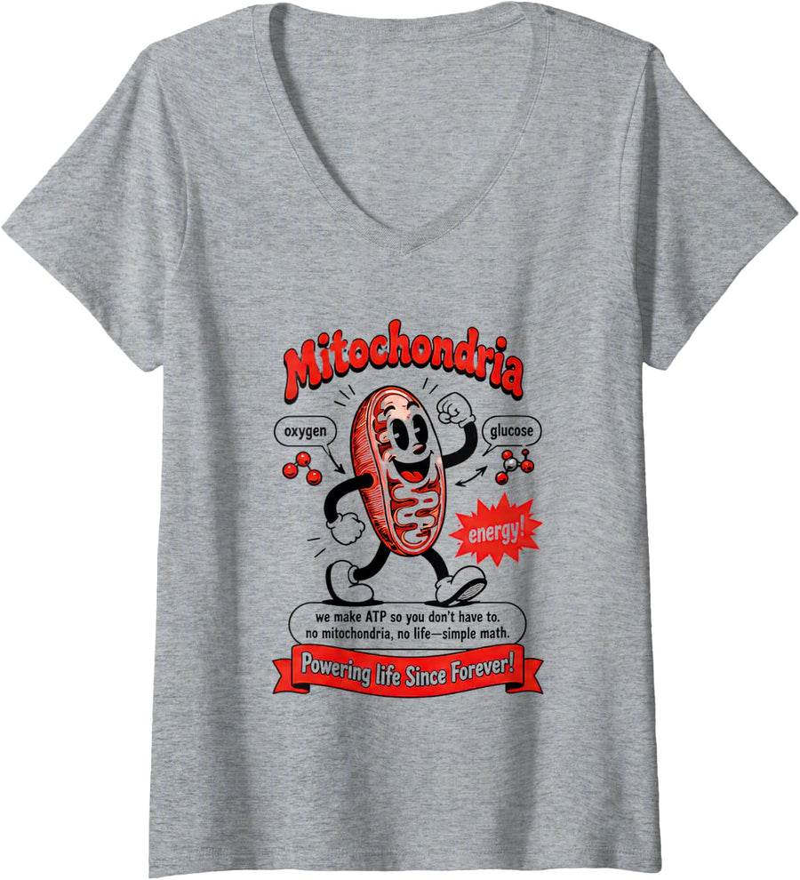 Women's Biologist Tshirt Mitochondria Cell Science Funny Gift Geek V-Neck T-Shirt - Heather Grey
