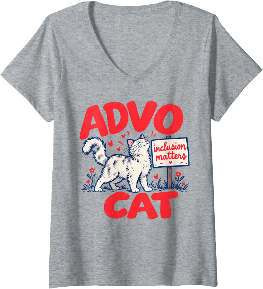 Women's Advo Cat Inclusion Matters Funny Cat SPED Teacher ABA RBT V-Neck T-Shirt - Heather Grey