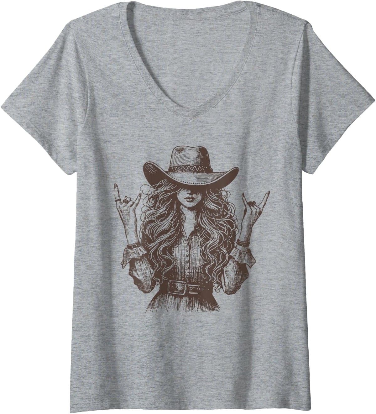 Women's Vintage Girl Western Rocker Graphic Rodeo Women Girls V-Neck T-Shirt - Heather Grey