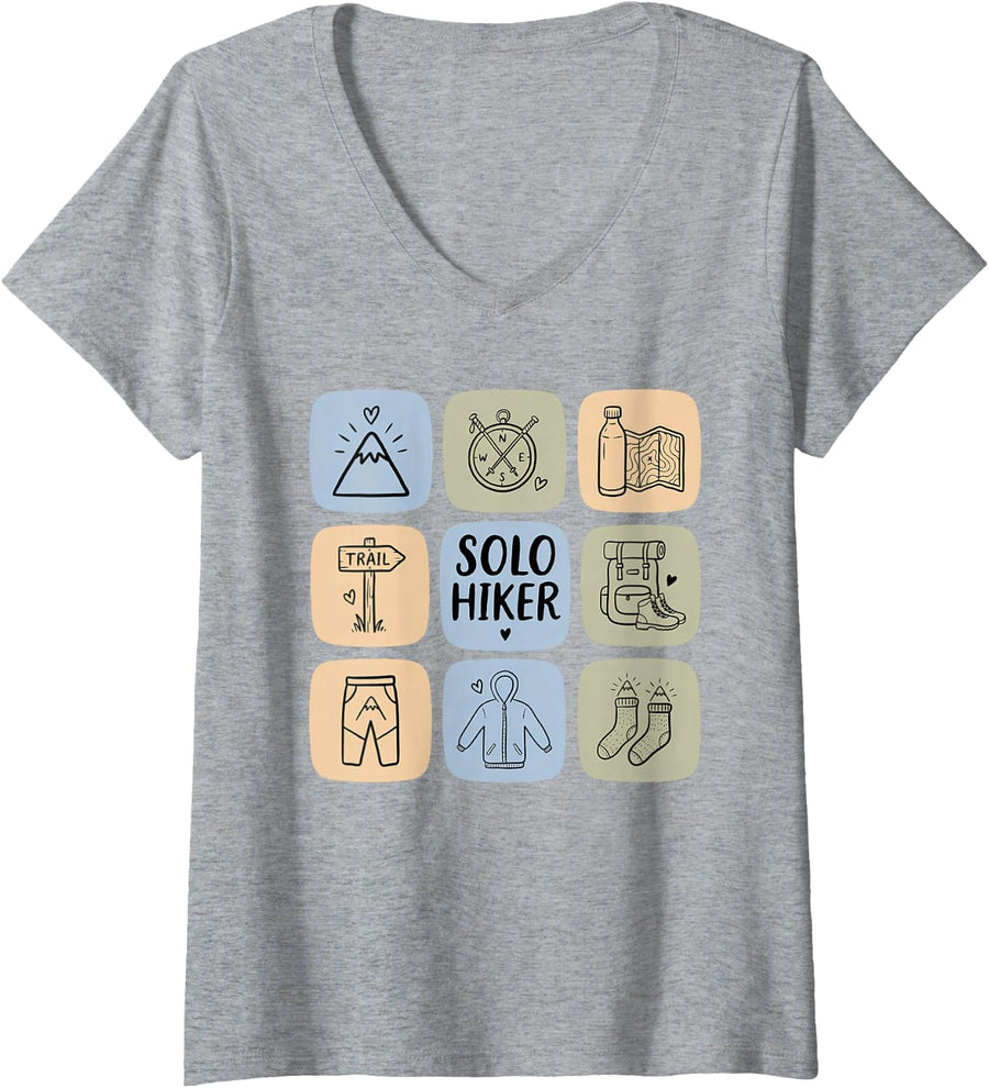 Women's Solo Hiking Trail Trekker Backpacker Hiker Alone V-Neck T-Shirt - Heather Grey