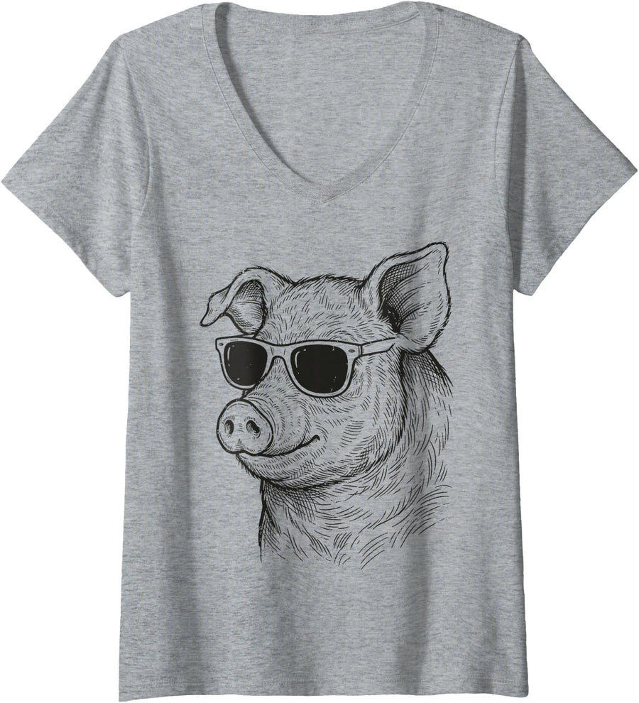 Women's Cool Pig Sunglasses Funny Farmer Swine Pig Lover Farming V-Neck T-Shirt - Heather Grey