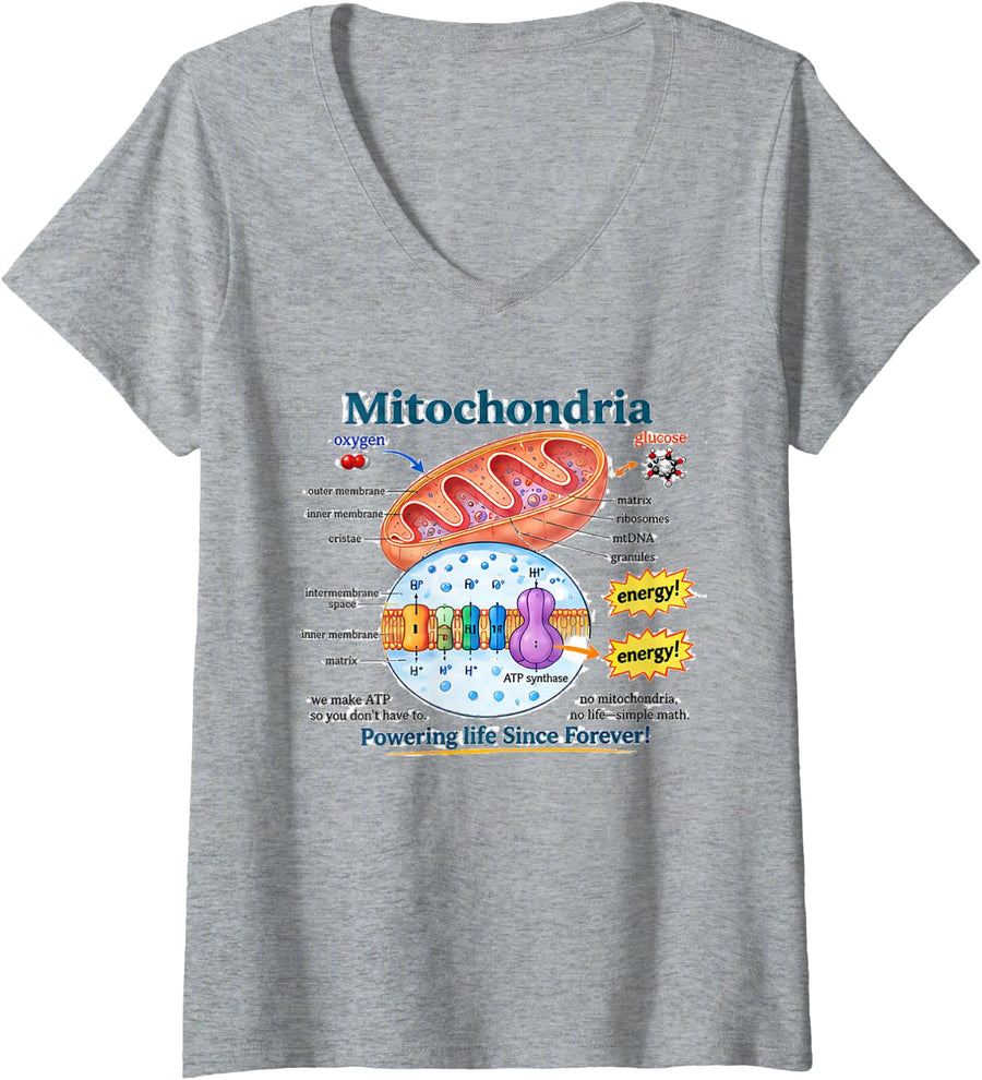 Women's Biologist Tshirt Mitochondria Cell Gift Funny Biology Lab V-Neck T-Shirt - Heather Grey