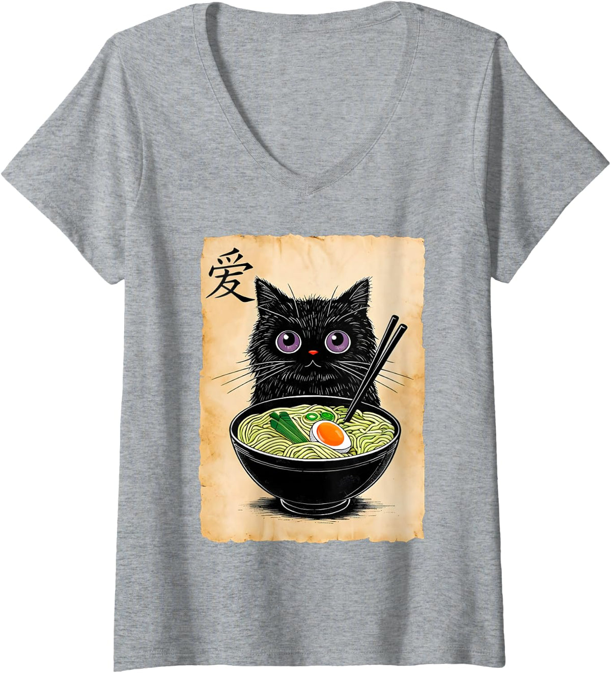 Women's Cat Ramen Graphic Tees Funny Japanese Kawaii Anime Cat V-Neck T-Shirt - Heather Grey