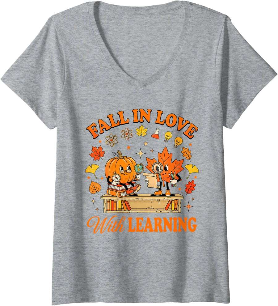 Women's Fall in Love with Learning Autumn Pumpkin Teacher Retro V-Neck T-Shirt - Heather Grey