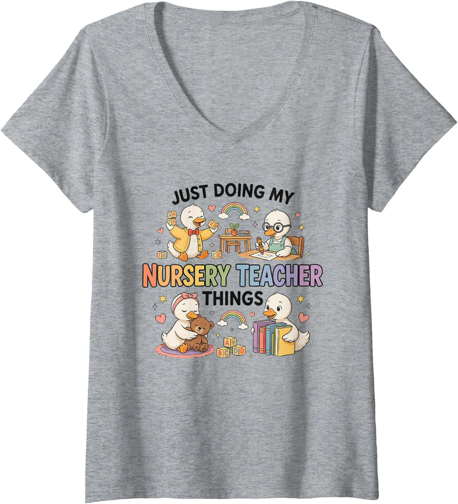 Women's Nursery Teacher Early Childhood Educator Daycare Provider V-Neck T-Shirt - Heather Grey