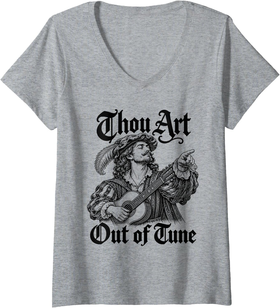 Women's Thou Art Out of Tune Acoustic Guitar Music Teacher Medieval V-Neck T-Shirt - Heather Grey