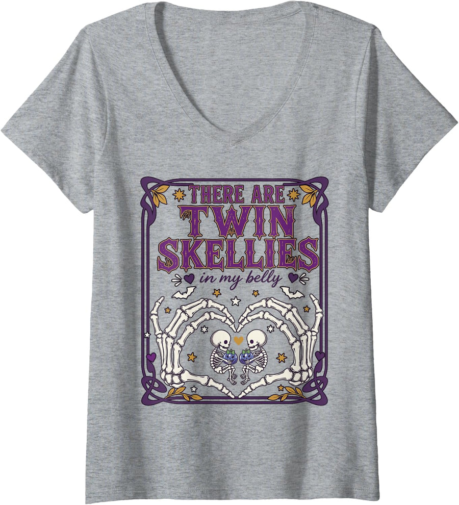 Women's Twin Skellies in My Belly Skeleton Pregnancy Announcement V-Neck T-Shirt - Heather Grey