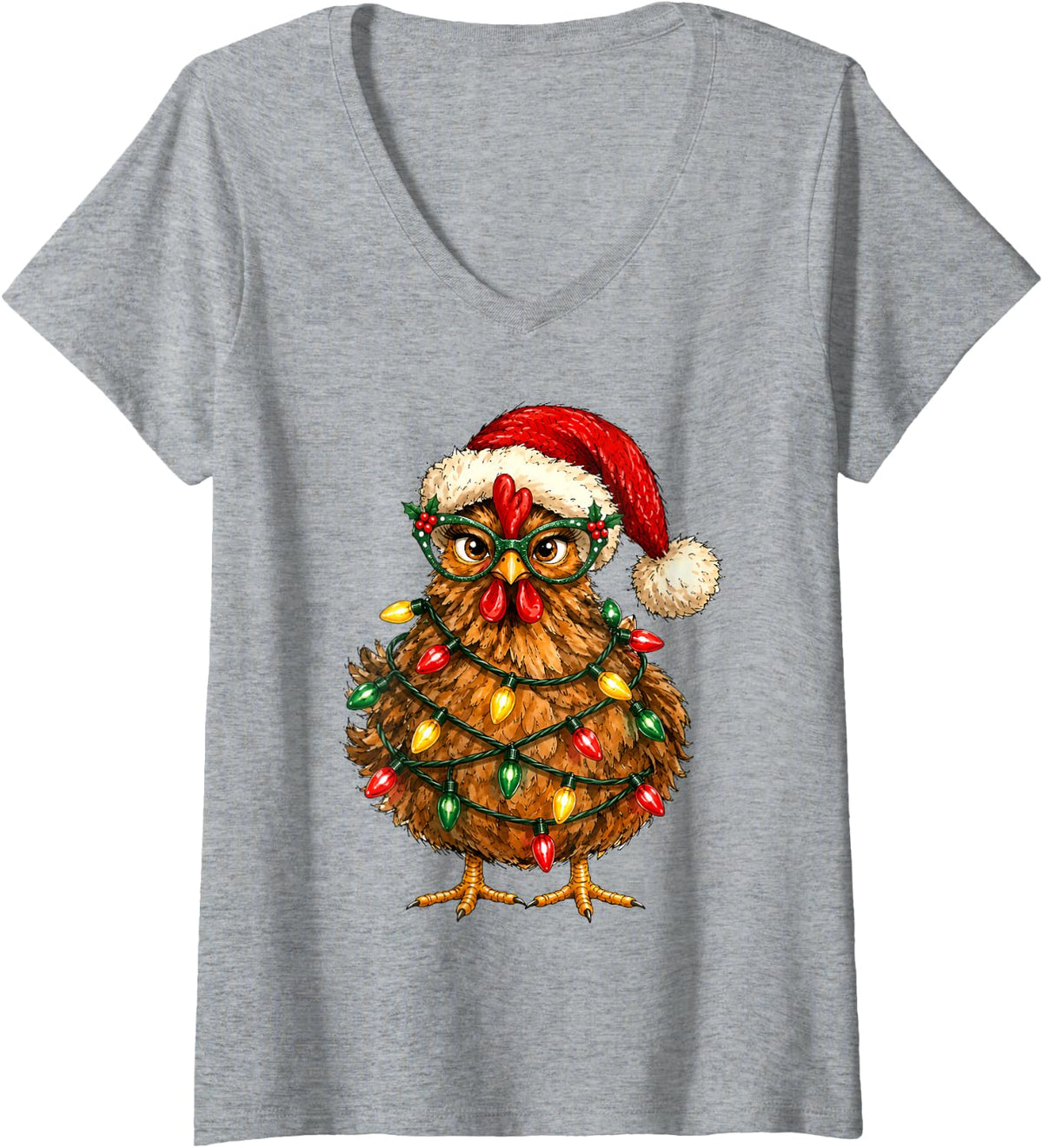 Women's Cute Christmas Chicken Glasses Lights Santa Hat Holiday V-Neck T-Shirt - Heather Grey