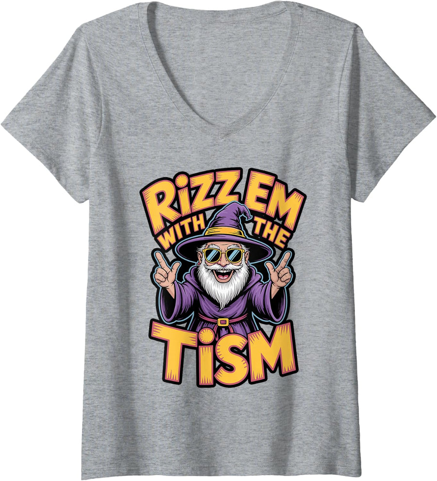 Women's Synthwave Wizard with Skateboard Graphic V-Neck T-Shirt - Heather Grey