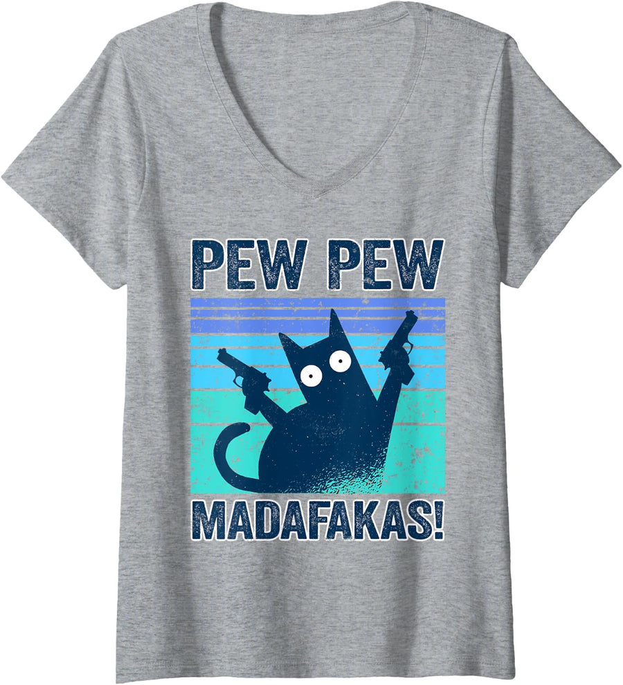 Womens Pew Madafakas Shirt Cats Tops Summer Dresses Pyjamas Pew Cat V-Neck T-Shirt - Heather Grey