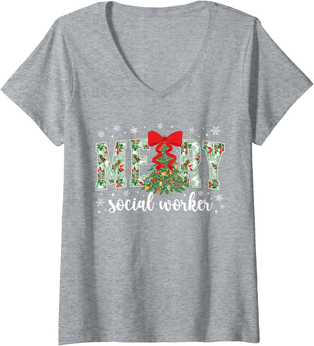 Women's Merry Social Worker Christmas Social Workers Xmas Party Bow V-Neck T-Shirt - Heather Grey