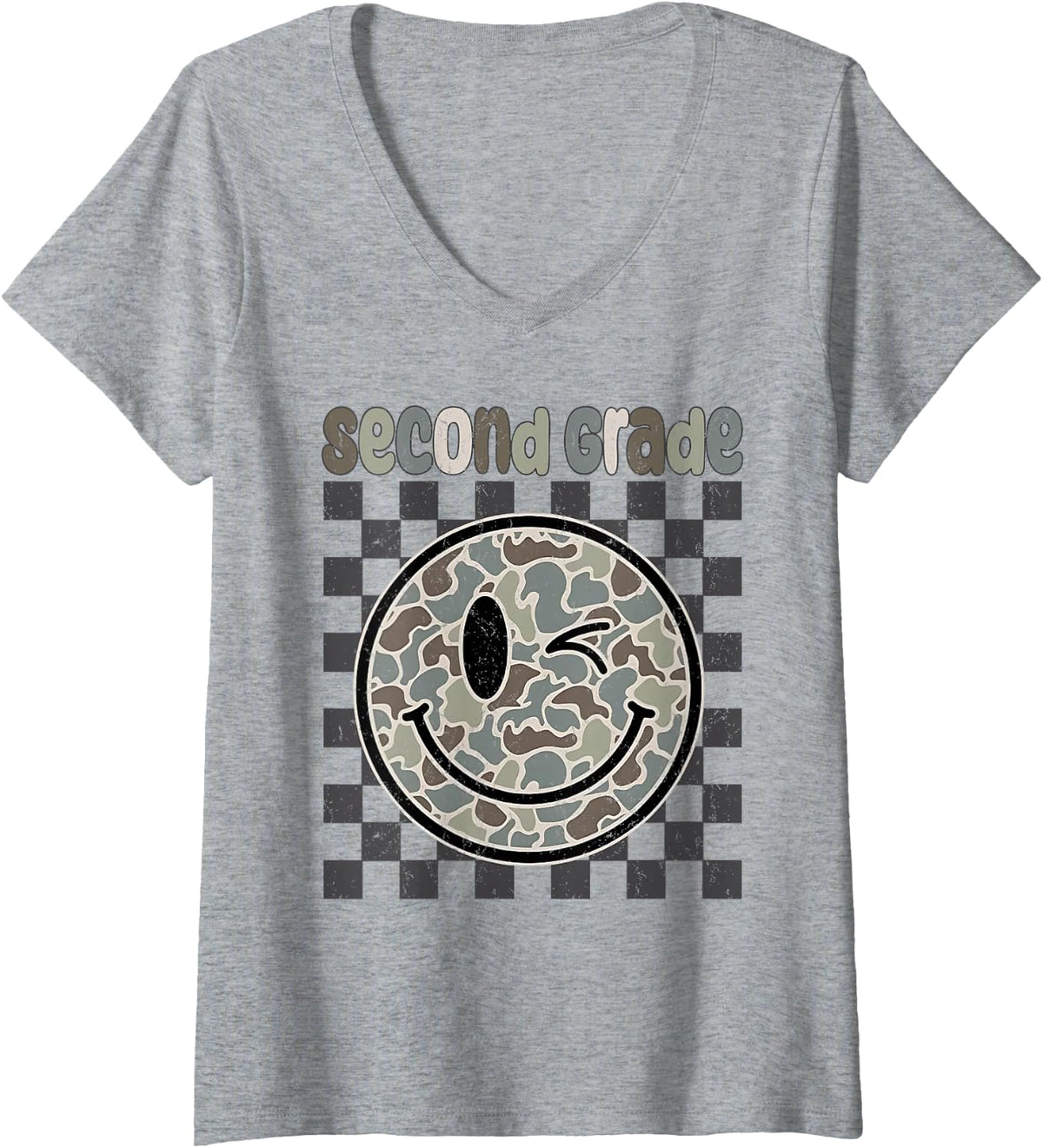 Women's Camo Smile Face Back to School 2nd Second Grade Dude Boy Kid V-Neck T-Shirt - Heather Grey