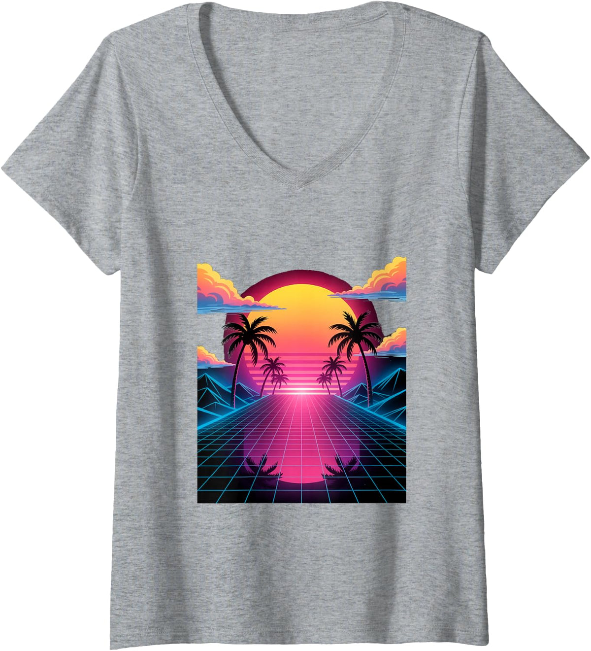 Women's Vaporwave Sunset Grid Retro Digital Landscape in Synthwave V-Neck T-Shirt - Heather Grey