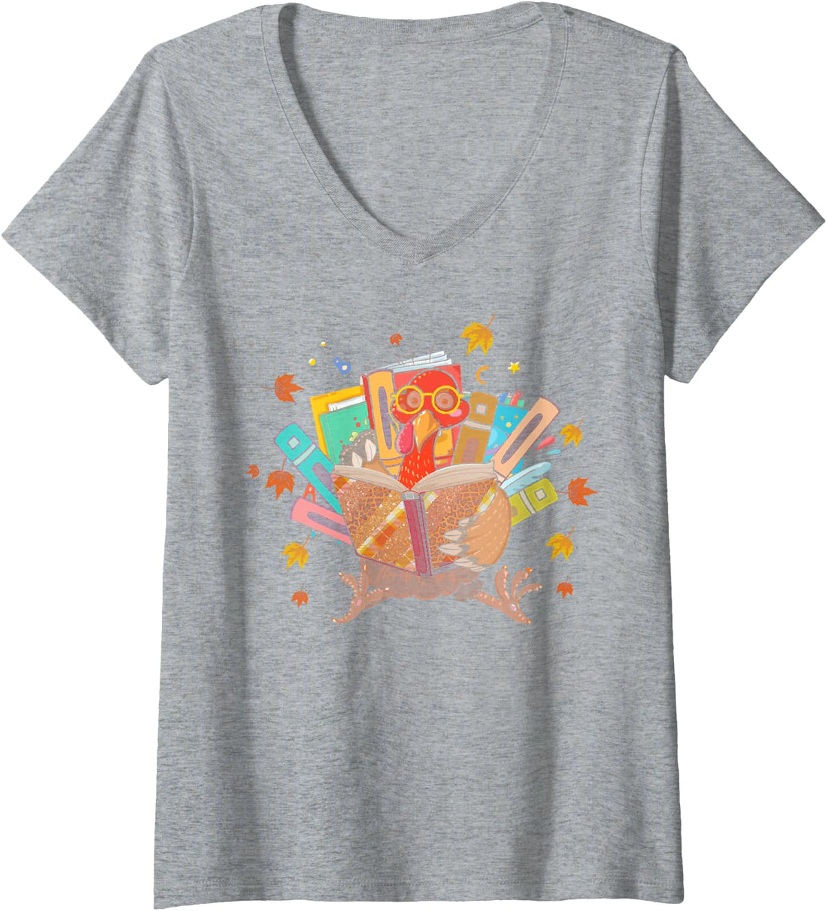Women's Book Lover's Day in Turkey, Funny Thanksgiving Autumn Tees V-Neck T-Shirt - Heather Grey