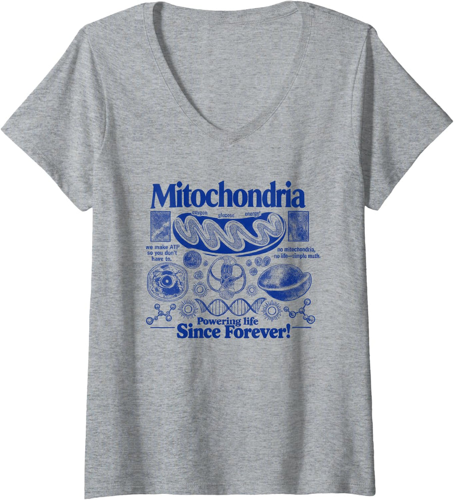 Women's Biologist Tshirt Mitochondria Cell Gift Funny Nerd Men Humor V-Neck T-Shirt - Heather Grey