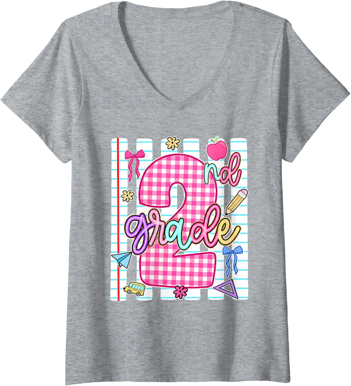 Women's Back to School 2nd Second Grade Coquette Bow Women Girl V-Neck T-Shirt - Heather Grey