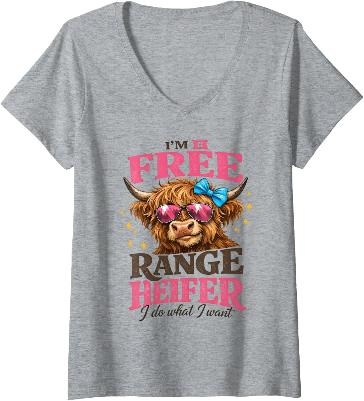 Women's I'm A Free-Range Heifer I Do What I Want Funny Highland Cow V-Neck T-Shirt - Heather Grey
