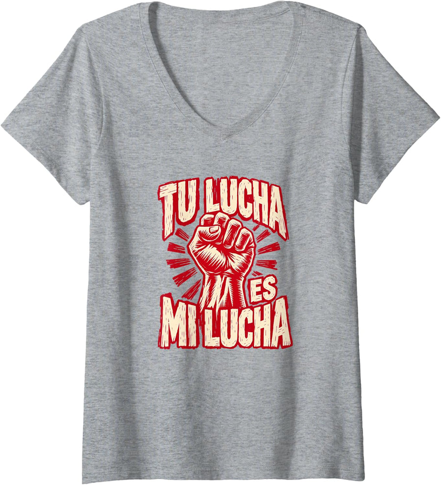 Women's Tu Lucha ES Mi Lucha Raised Fist Solidarity V-Neck T-Shirt - Heather Grey