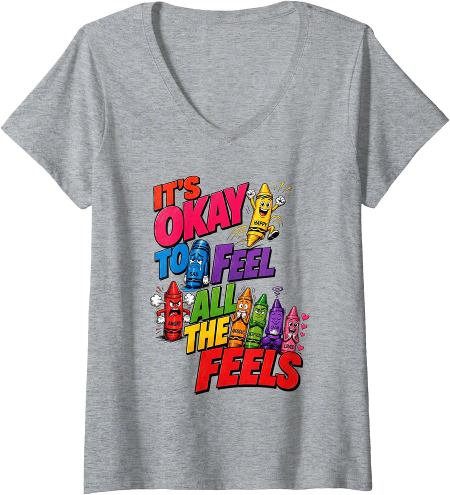 Women's SPED Teacher It's Okay to Feel All The Feels Crayons V-Neck T-Shirt - Heather Grey