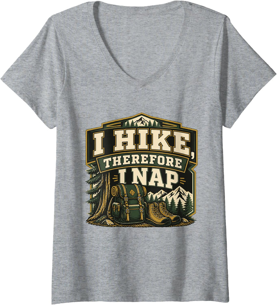 Women's I Hike, Therefore I NAP Hiking Hiker Trail Mountain Gift V-Neck T-Shirt - Heather Grey