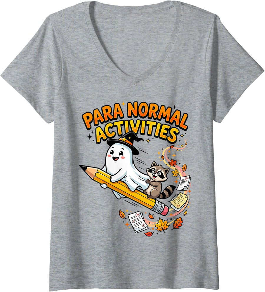 Women's Paranormal Activities Ghost Raccoon SPED Teacher Halloween V-Neck T-Shirt - Heather Grey