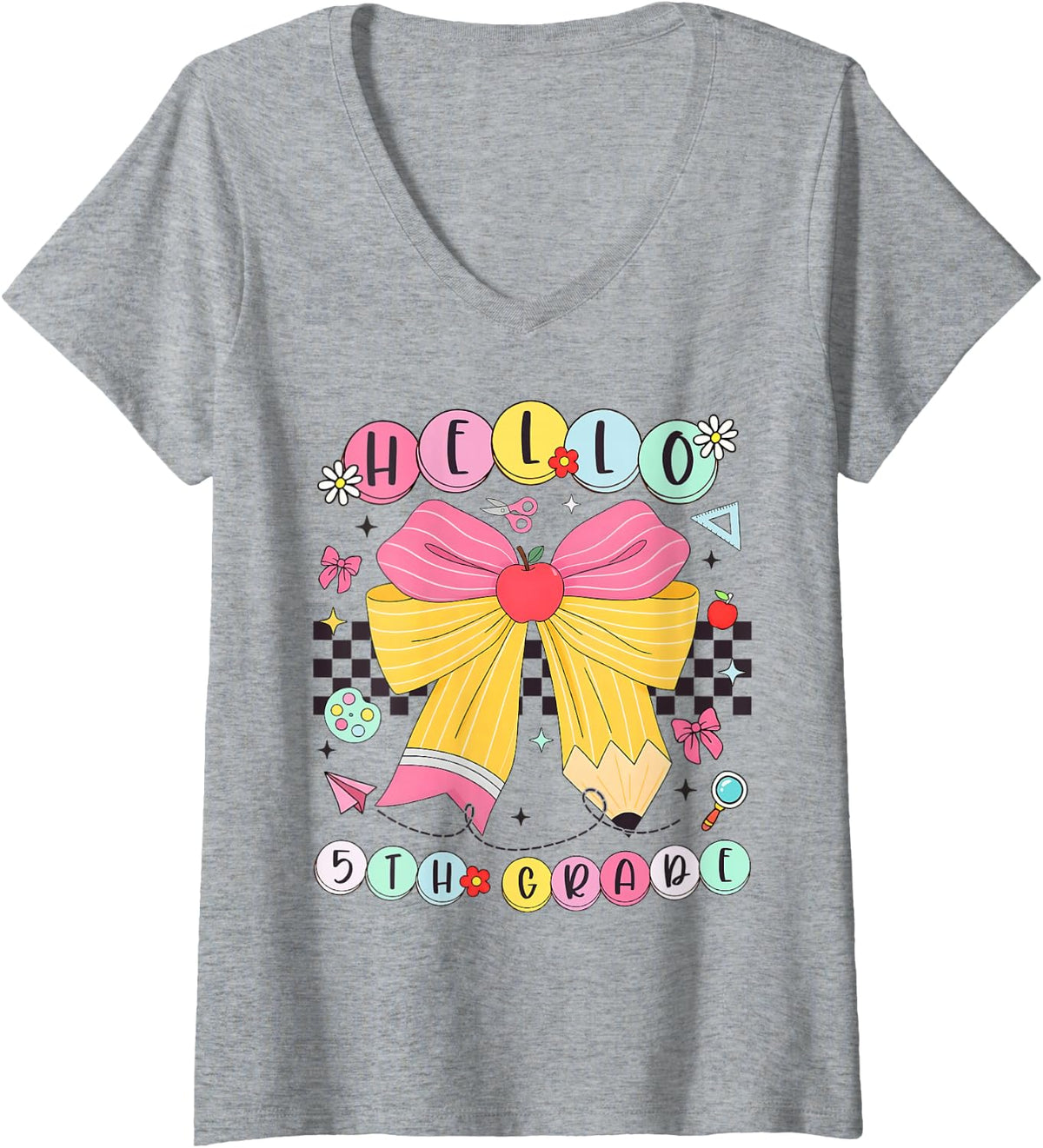 Women's Back to School Fifth Grade Coquette Pencil Bow Girl Teacher V-Neck T-Shirt - Heather Grey