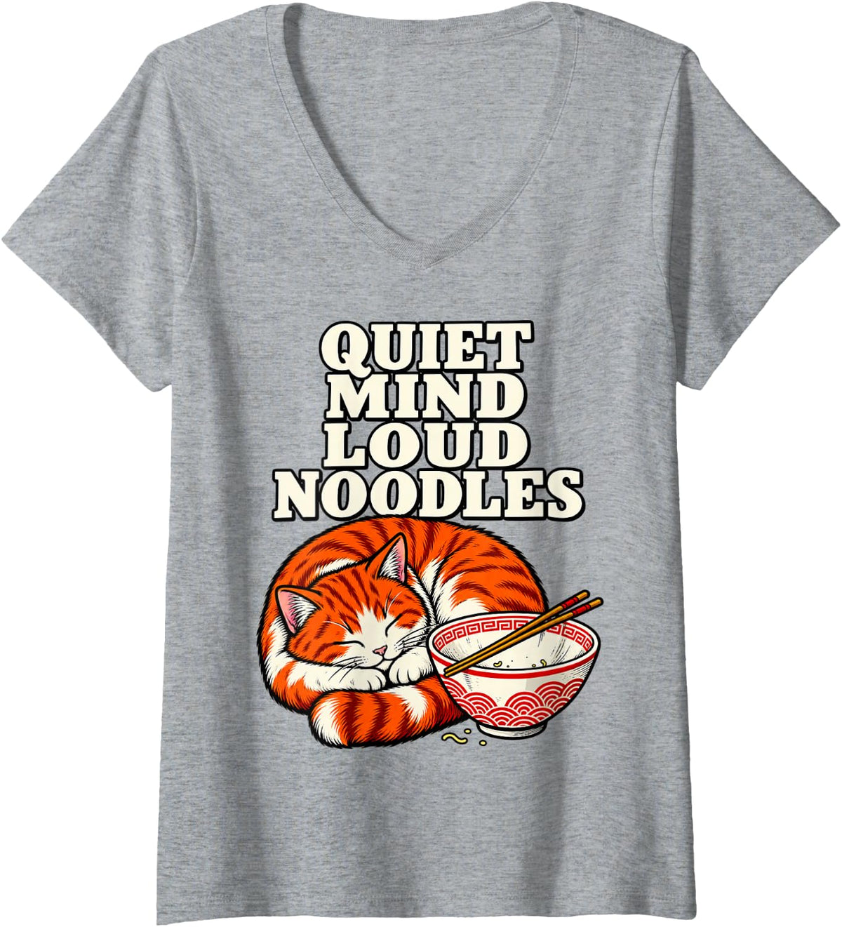 Women's Japanese Quiet Mind Loud Noodles Japan Lover Honor Nippon V-Neck T-Shirt - Heather Grey