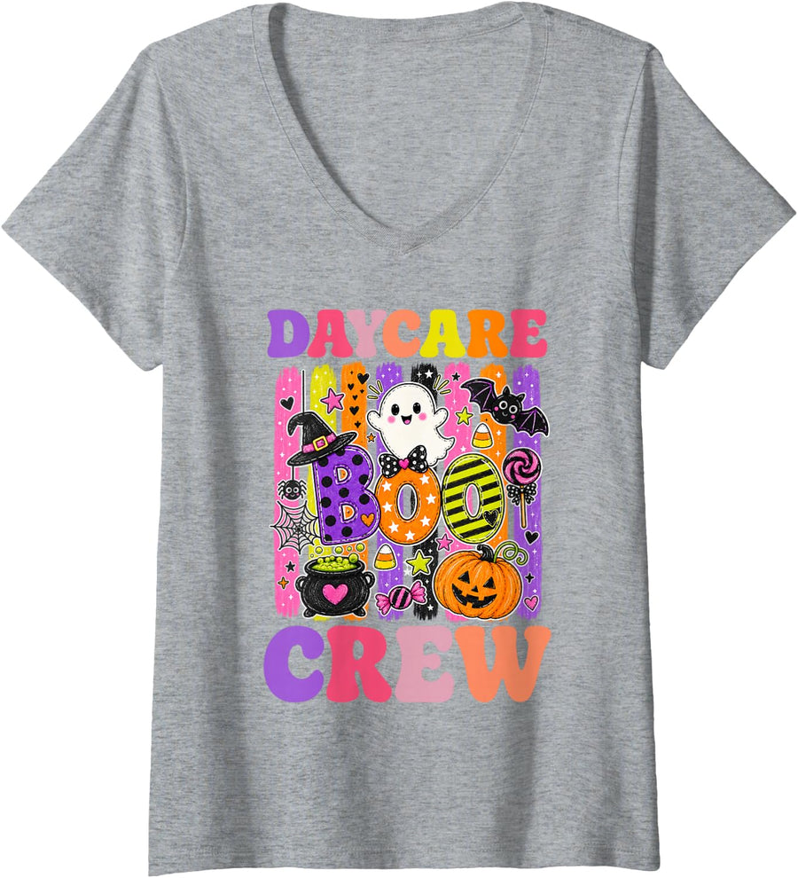 Women's Boo Crew Daycare Teacher Matching Halloween Costume Ghost V-Neck T-Shirt - Heather Grey