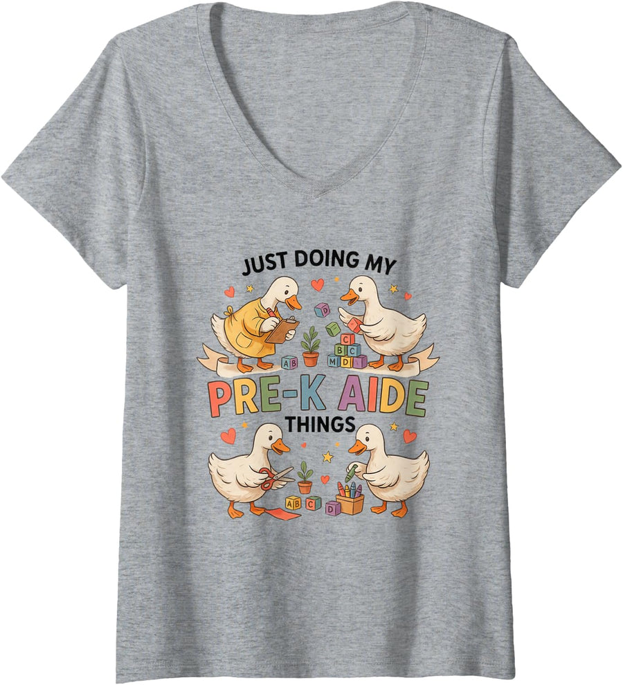 Women's Pre-K Aide Preschool Kindergarten Daycare Classroom V-Neck T-Shirt - Heather Grey